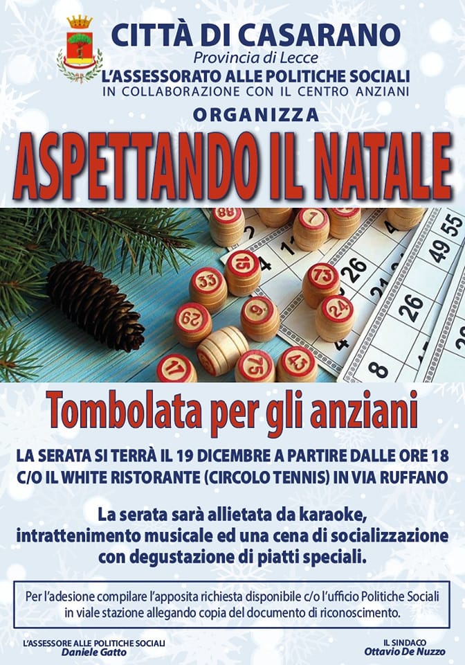 Lunedì 19 dicembre, Tombolata per gli anziani