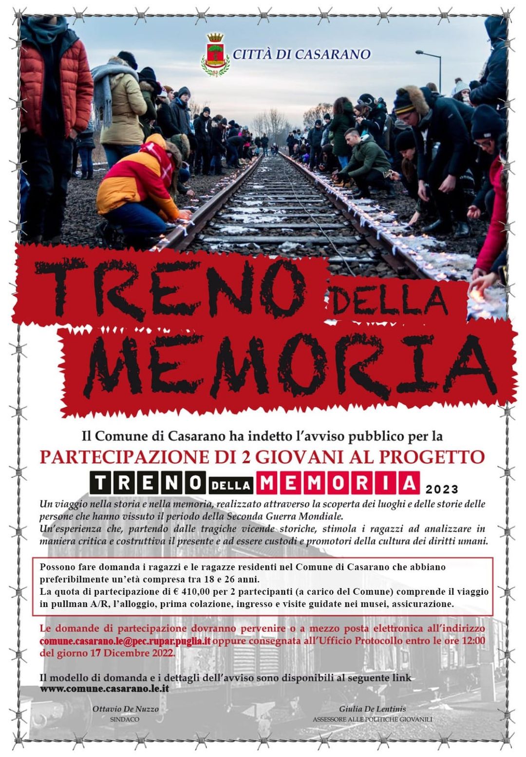 Treno della memoria 2023. Indetto concorso per due giovani casaranesi