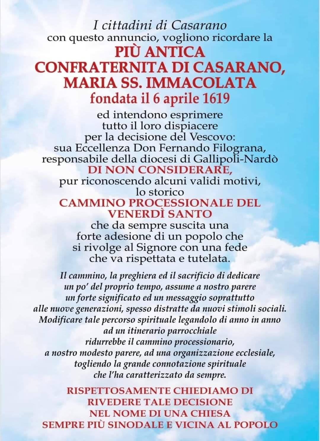 “Processione del Venerdì Santo: il Vescovo ci ripensi”. Appello dei cittadini