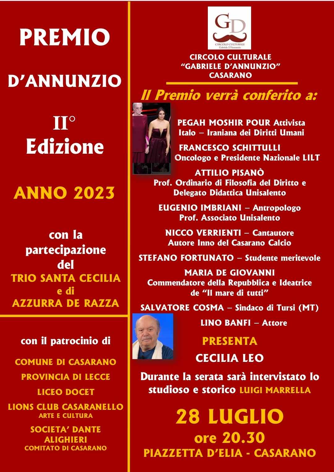 Seconda edizione Premio D’Annunzio. Tra i premiati Pegah Moshir Pour e Lino Banfi