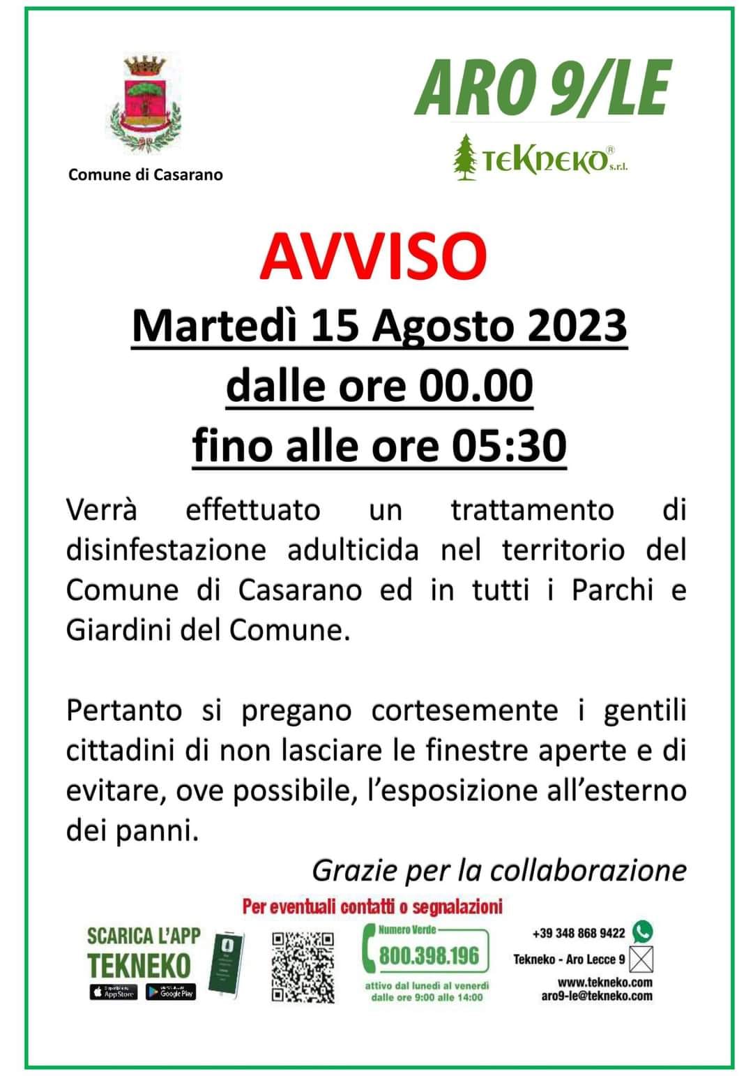 Avviso alla cittadinanza: la notte del 15 agosto disinfestazione nel territorio comunale