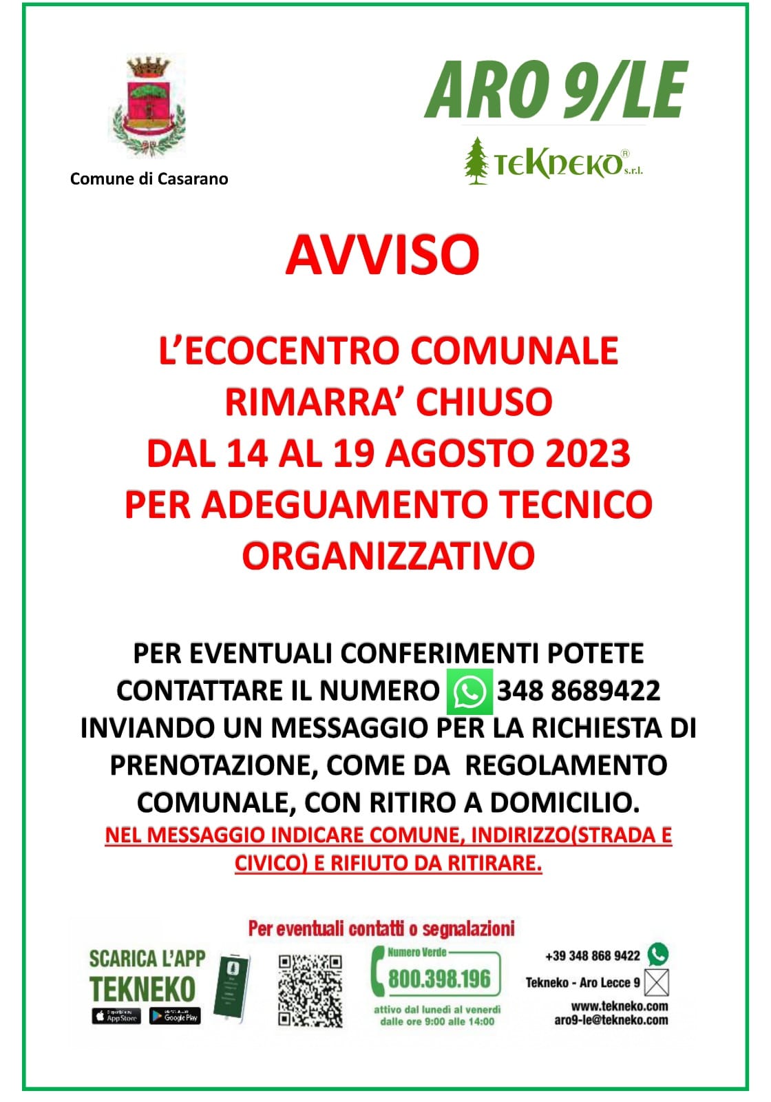 Dal 14 al 19 agosto l’ecocentro resterà chiuso per adeguamento tecnico