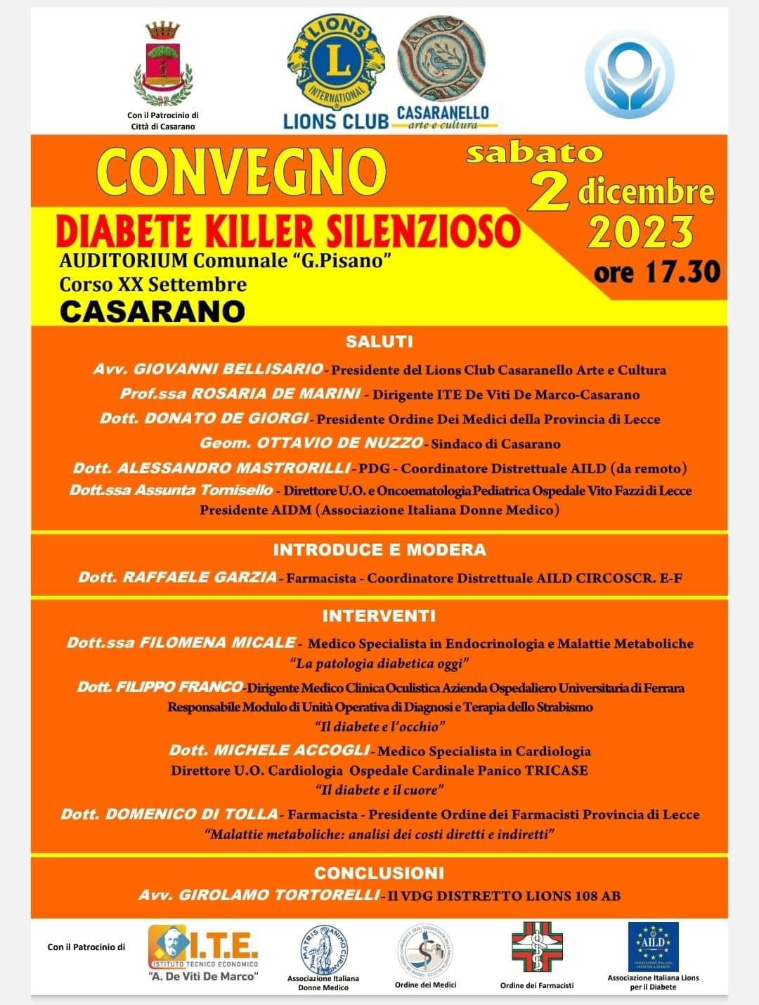 Diabete, killer silenzioso. Importante convegno organizzato dal Lions Club Casaranello