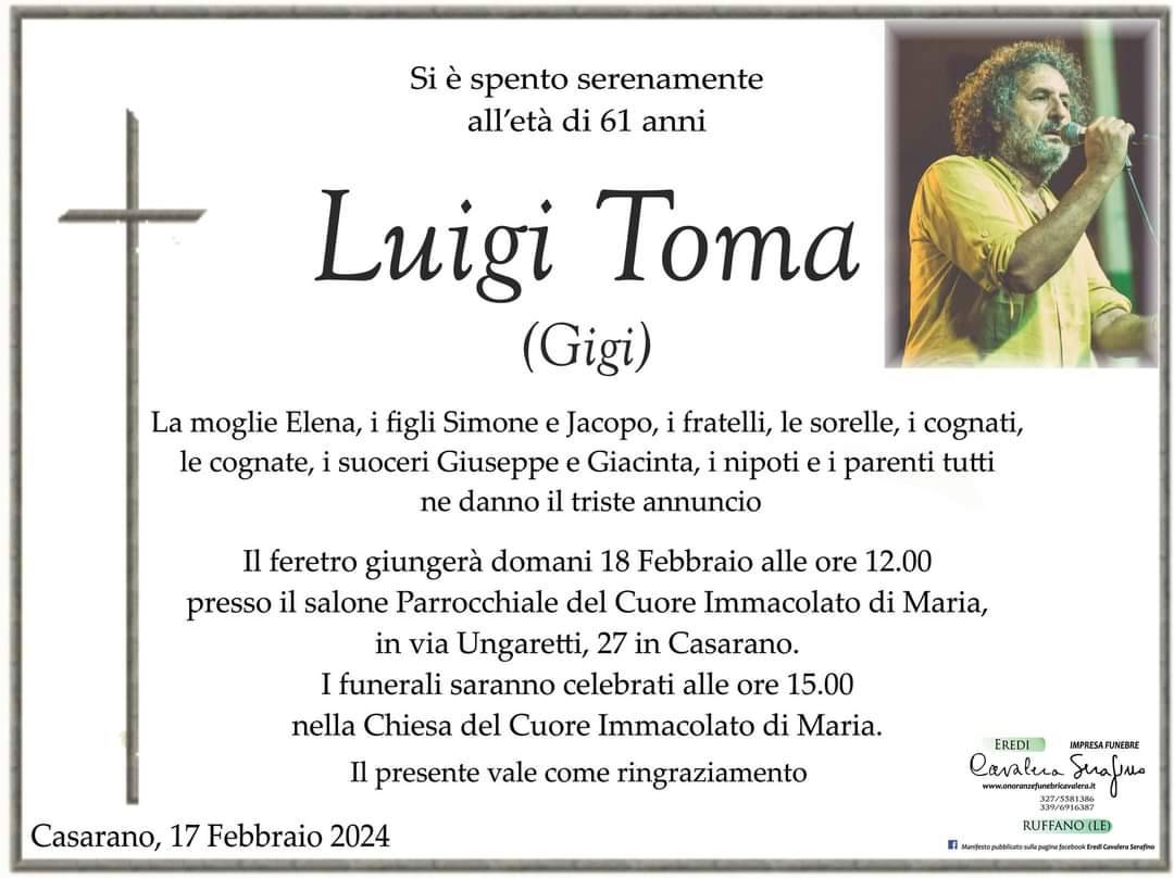 Oggi i funerali di Gigi Toma