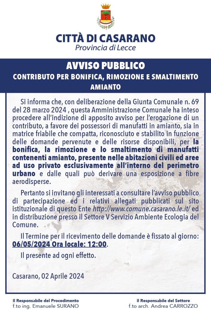 Contributo per la rimozione e smaltimento dell’amianto