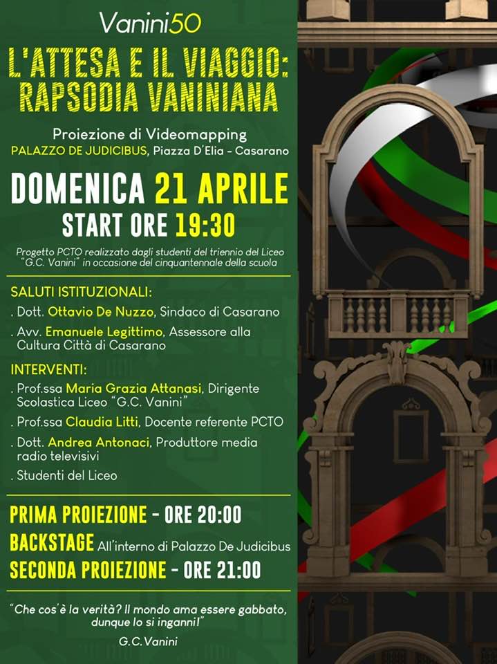 Video mapping a Casarano: in scena la “rapsodia vaniniana” a cura del Liceo Vanini