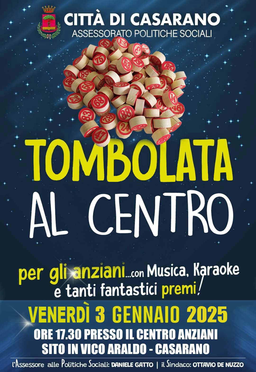 Tombolata in programma per domani, 3 gennaio, al Centro anziani