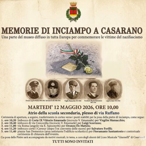 Casarano ricorda le vittime del nazifascismo: oggi la posa delle Pietre d’Inciampo per cinque cittadini deportati