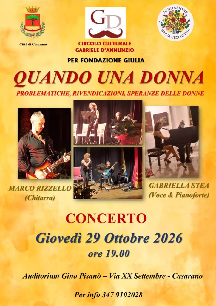 Rinviato a giovedì 29 ottobre il concerto “Quando una Donna” all’Auditorium Pisanò